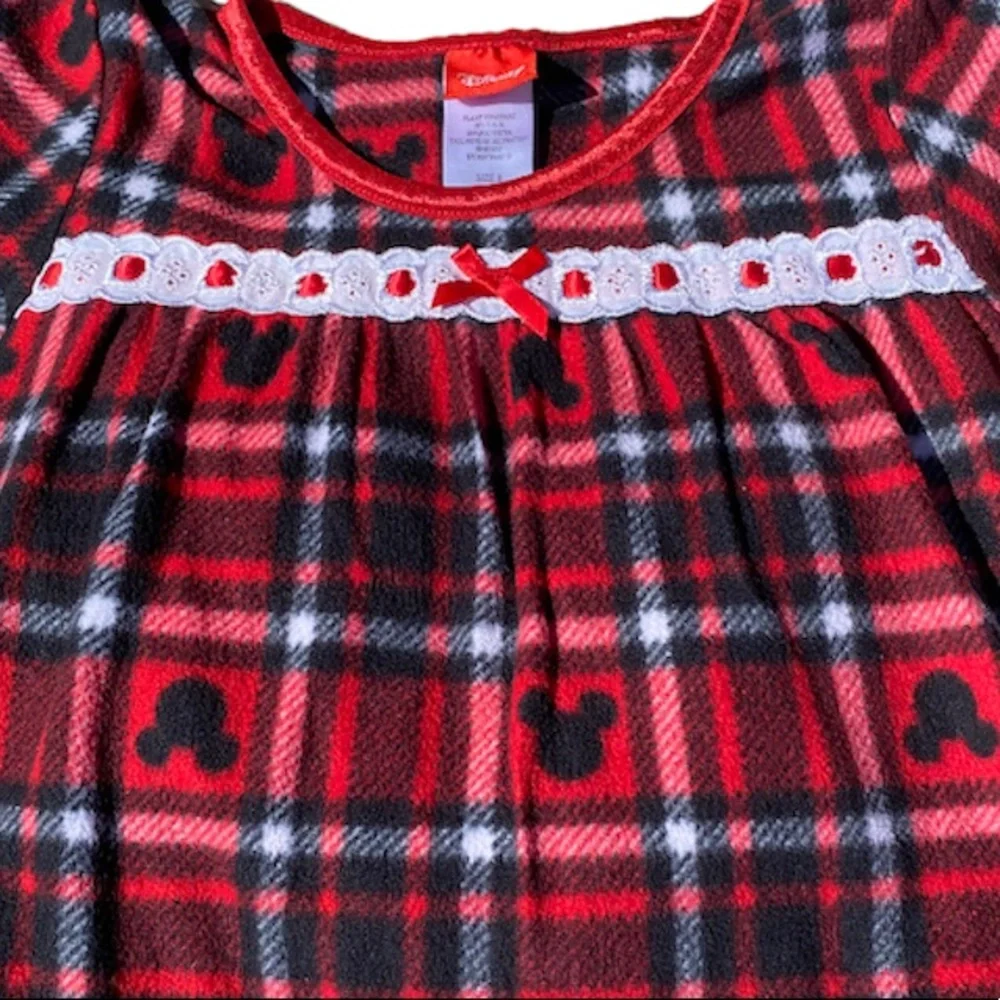 Disney Nightgown Lace Trim Bow Nightshirt Mickey Mouse Buffalo Plaid Tartan Red
